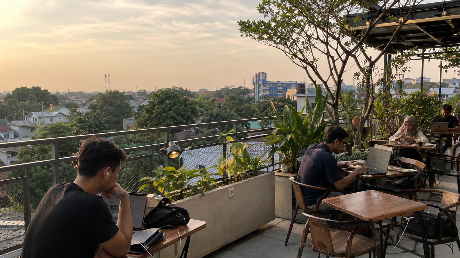Interior coffee shop Depok dengan colokan memadai untuk WFC