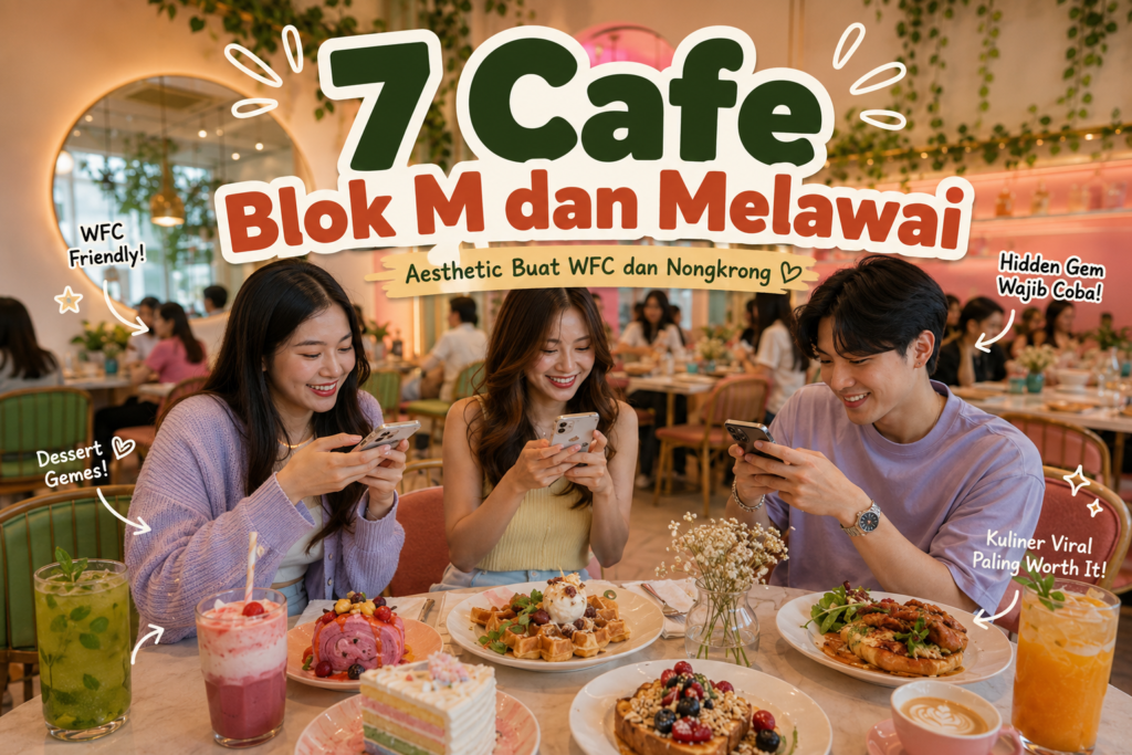 Suasana cafe aesthetic di Blok M dengan dekorasi modern dan pencahayaan hangat