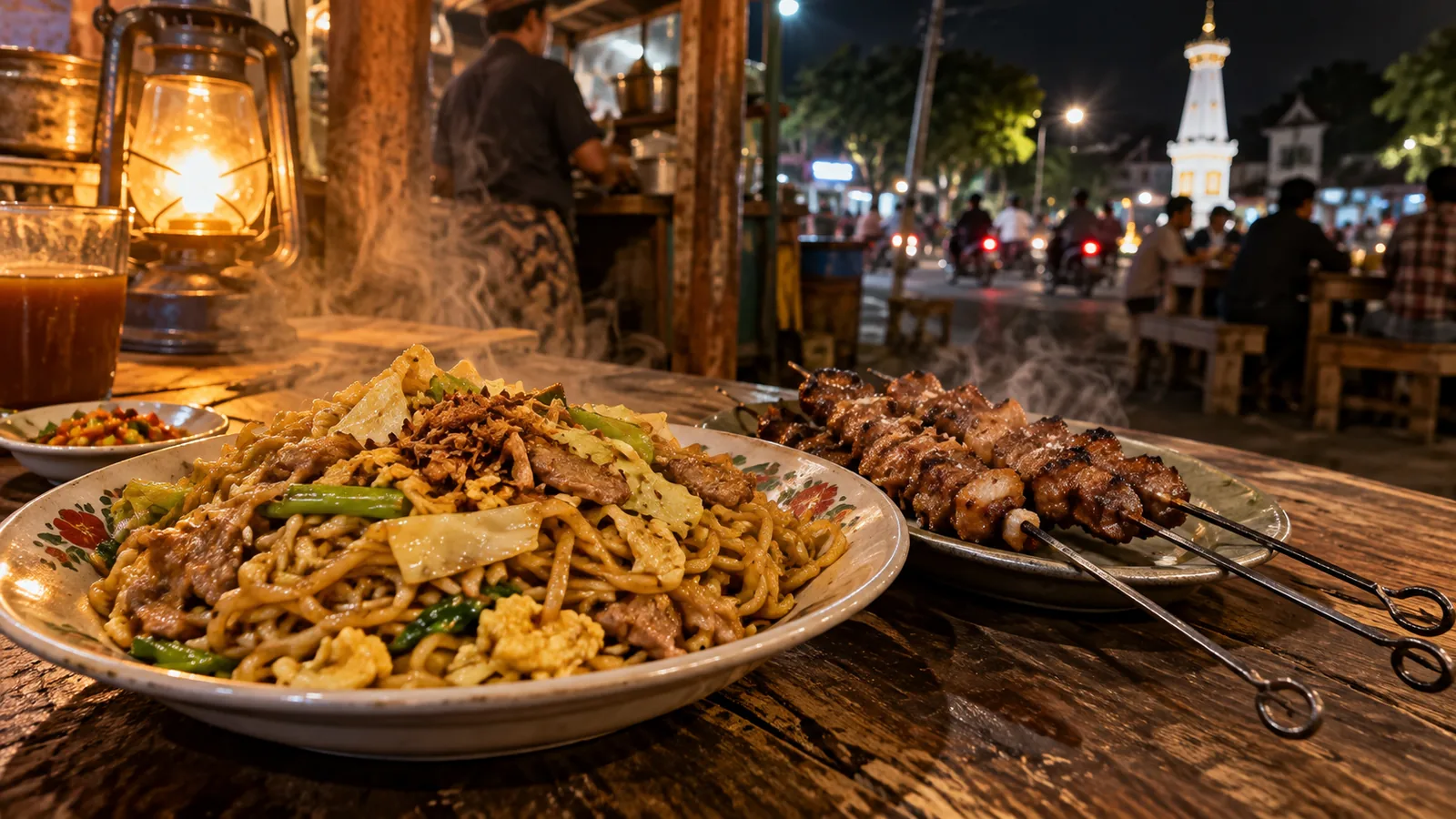 Bakmi Jawa goreng dan Sate Klathak bertusuk besi di warung malam dengan latar Tugu Jogja