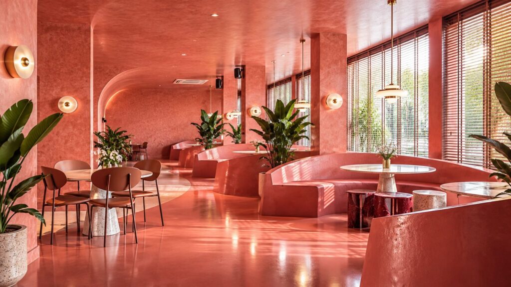 Interior cafe aesthetic dengan booth pink dan cahaya jendela, ilustrasi suasana brunch