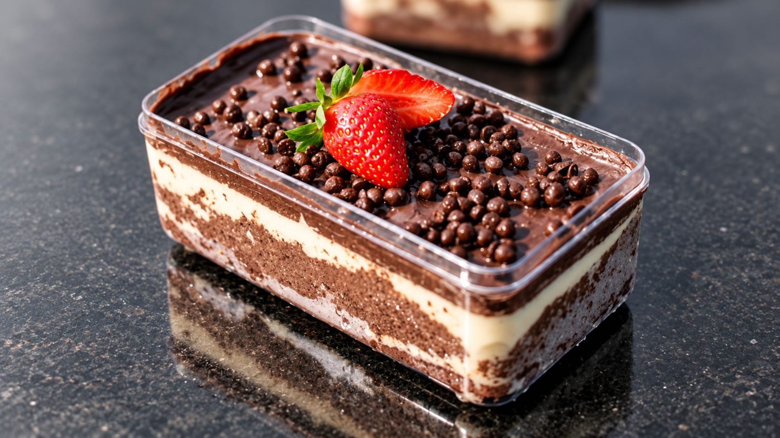 Ilustrasi dessert box cokelat dengan topping stroberi dan choco ball
