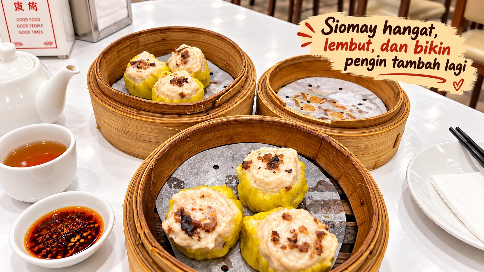 Ilustrasi siomay dan dimsum kukus dalam keranjang bambu dengan saus sambal