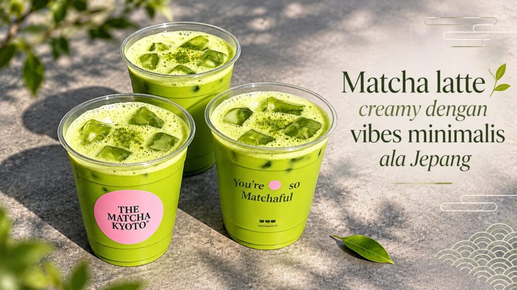 Ilustrasi iced matcha latte, matcha Bintaro dengan nuansa minimalis ala Jepang