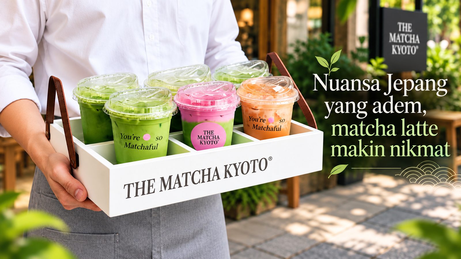 Ilustrasi barista membawa nampan berisi beberapa gelas matcha latte