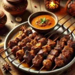 Sepiring sate daging bakar dengan semangkuk bumbu di atas meja kayu