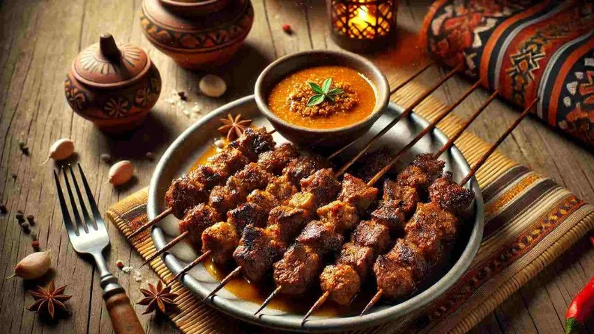 Sepiring sate daging bakar dengan semangkuk bumbu di atas meja kayu