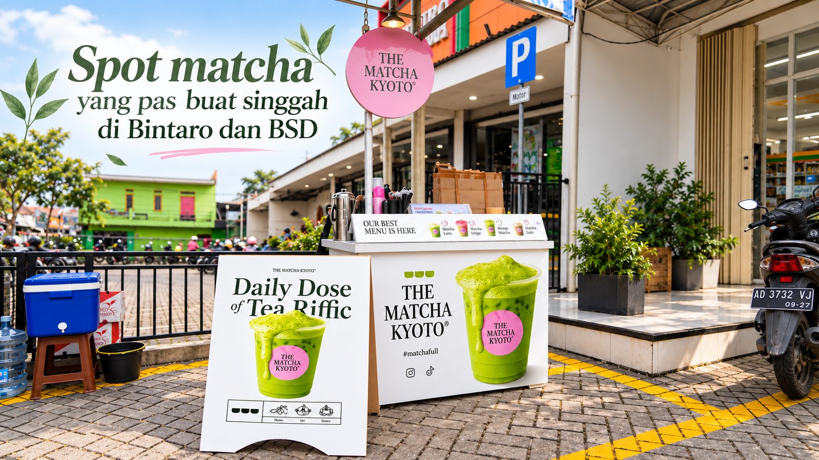 Ilustrasi booth matcha takeaway di area ruko